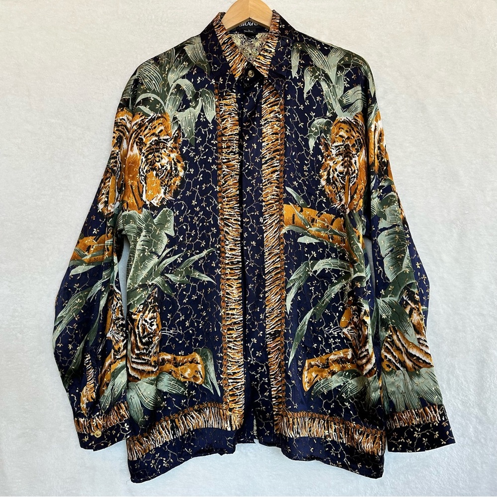 Vtg BRAVO men’s metallic silk tiger animal print gold browns button up shirt L